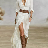 Robe longues ceinturée et revers plissés en coton et lin