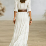 Robe longues ceinturée et revers plissés en coton et lin