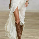 Robe longues ceinturée et revers plissés en coton et lin